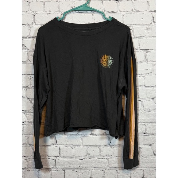Rip Curl Graphic Tee Long Sleeve Crop Top Striped Sleeve Casual‎ Top size Large - Picture 2 of 5